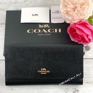 NWT COACH Trifold Crossgrain Leather Long Wallet - BLACK